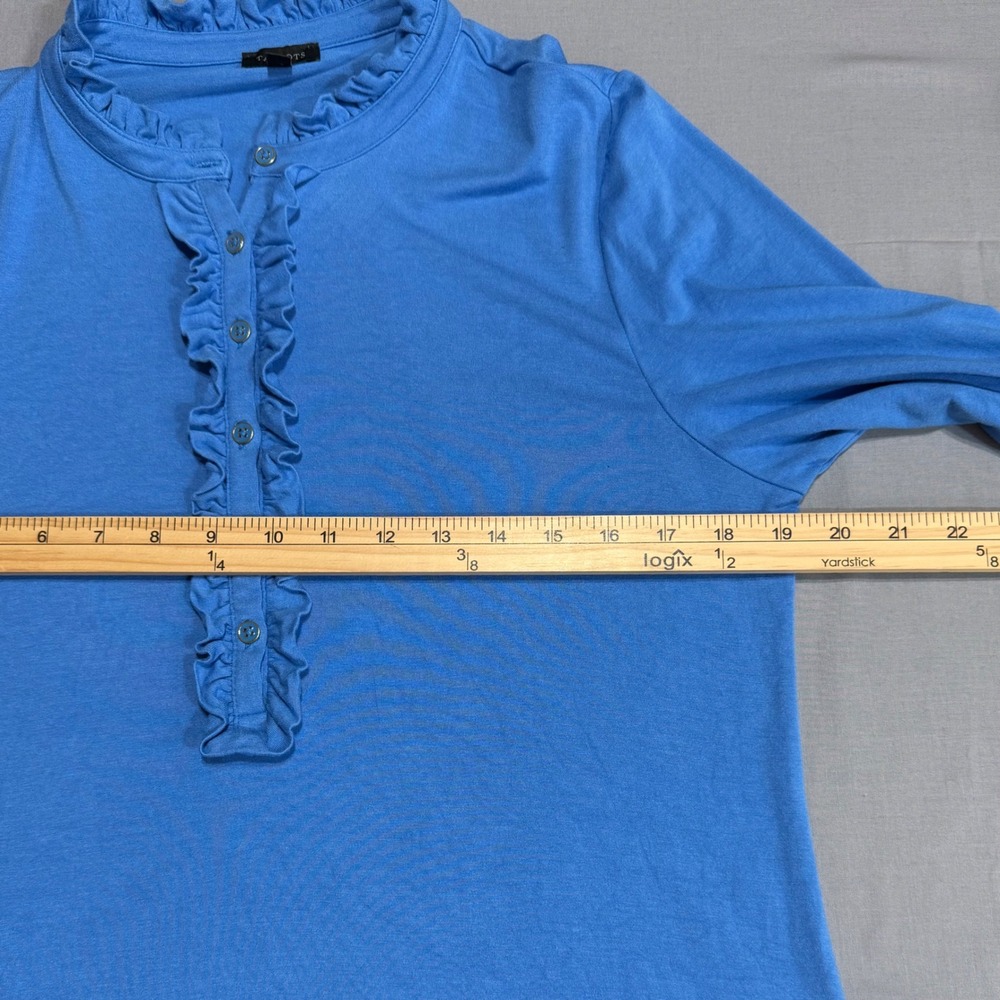 Talbots Ruffle Henley Top Womens Medium Blue Long Sleeve Stretch Knit Casual - Picture 5 of 8